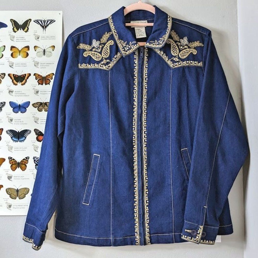Vintage 90s Victor Costa Jean Jacket Western Sequin Denim Rodeo Dark Size S